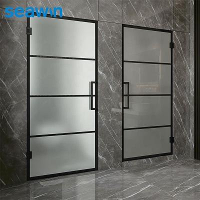 China SeaWin Easy Clean Glass Modern Hotel Black Frame Retractable Frosted Single Shower Hinge Door for sale