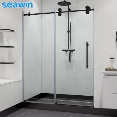 China SeaWin Modern Hotel Tempered Laminated Glass Framless Black Single Shower Enclosure Sliding Door for sale