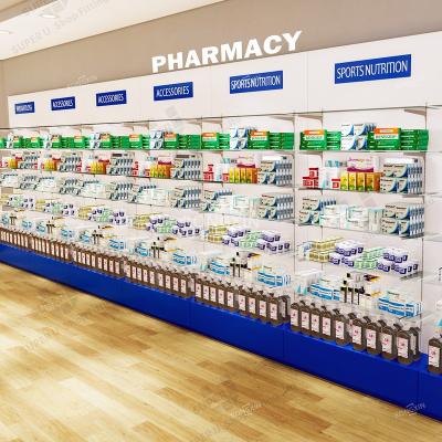 China Wooden MDF Pharmacy Buries Racks Interior Furniture Shop Display Retail Store Counter Cabinet Medical Design For Pharmacy for sale