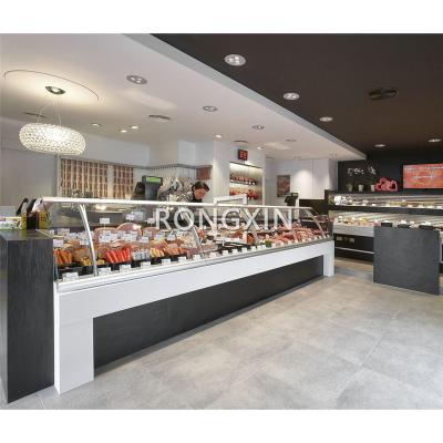 China Custom Cooling Vegetable And Fruit Shop Fresh Meat Glass Showcase Counter Long For Bread Bakery Shop 02 for sale