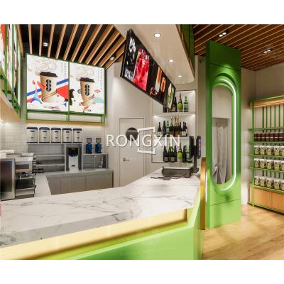 China Green Bubble Tea Shop Counter Bubble Tea Shop Wood Milk Tea Shop Display Furniture Custom Marble Top 01 for sale