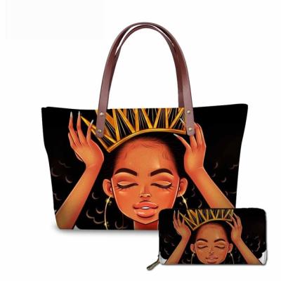 China Lightweight 2pcs Handbags Set Black Art African American Girls Printing Women Beach Bags Ladies Handbag Purse Females Totes for sale