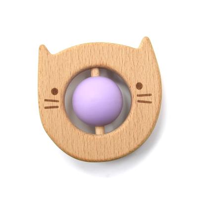 China Tragbarer 8cm hölzerner Silikon Teether-Geklapper-Rotations-Ball Kitty Shape zu verkaufen