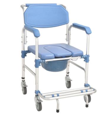 China Blue Aluminum Alloy Frame PP Four Wheel Toilet Chair With Brake for sale