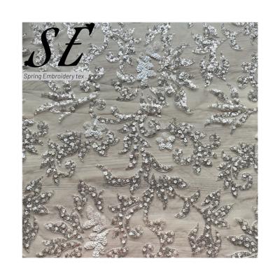 China Colorful 100% breathable polyester sequin mesh beaded sequin embroidery fabric for wedding dress 210327 for sale