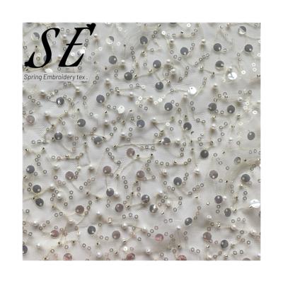 China Colorful 100% breathable polyester sequin mesh beaded sequin embroidery fabric for wedding dress 210330 for sale