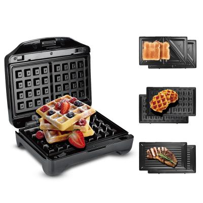 China Outdoor Fresh Touch Sandwich Waffle Panini Grill Press Maker Double Sided 750W 3 in 1 Sandwich Toaster with Detachable Non-Stick Pans for sale