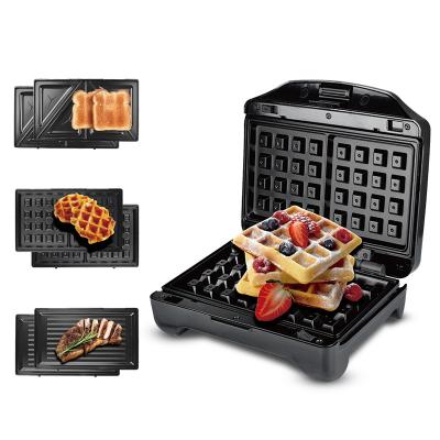 China Fresh Press Outdoor Maker 750W Pan Sandwich Waffle Panini Grill Double Sided Design 3 in 1 Sandwich Toaster with Detachable Nonstick Pans for sale