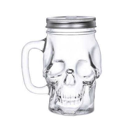 China Viable Glass Skull Mason Drinking Mugs Halloween Tumbler Mug with Straw Mouth Jar Old Fashioned Drinking Glasses Heavy Bottom for sale