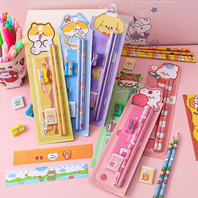 China Cute Pencil Eco-friendly Paper Ruler Cartoon Cheap Stationery Sets Kawaii Pencil Sharpeners Eraser Set for sale