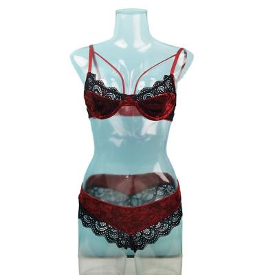 China Sexy Lace Embroidered Material Women's Underwear Ladies Wine Red Breathable Bra And Panties Sets for sale