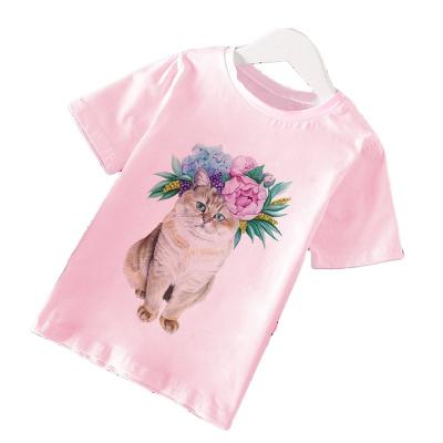 China 2021 Summer New Style Cartoon Cat Print Girls QUICK DRY Short Sleeve Tops And T-shirts for sale