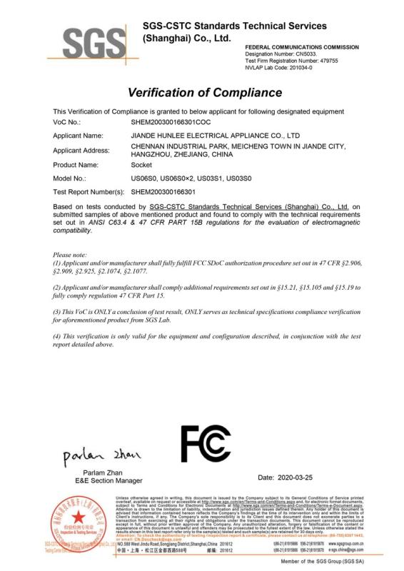 FCC - Jiande Hunlee Electrical Appliance Co., Ltd.