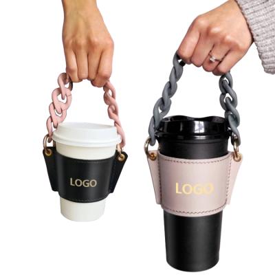 China 2021 Hot Sustainable Paper Coffee Cup Handmade Holder Glass Packaging Sleeve Holder Tea Cups With Acrylic Chain Strap Handle for sale