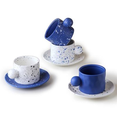 China Viable Breakfast Porcelain Cup Splash Ink Pattern Ceramic Coffee Mug Tea Cup Saucers Set With Round Ball Handle for sale