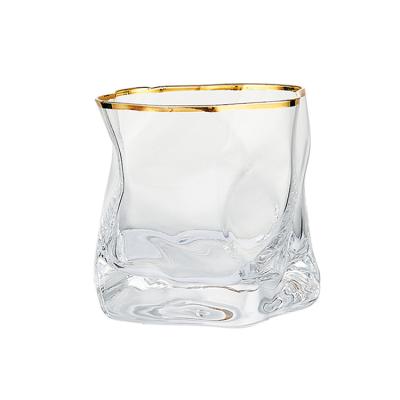 China Wholesale Cheap Irregular Artistic Design Golden Rim Liquor Shot Whiskey Wine Glass for sale