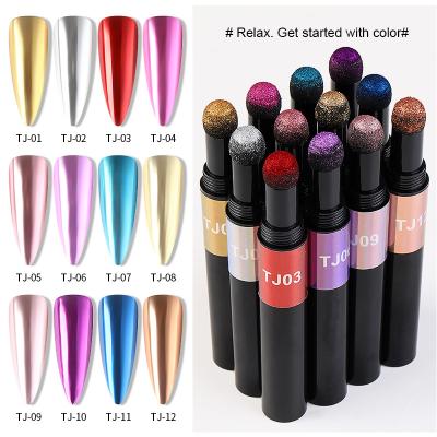 China Nail Cosmetics Double Head Nail Glitter Powder Air Cushion Pen Mirror Metallic Effect 12 Color Nails Solid Chrome Dye DIY Nail Art for sale