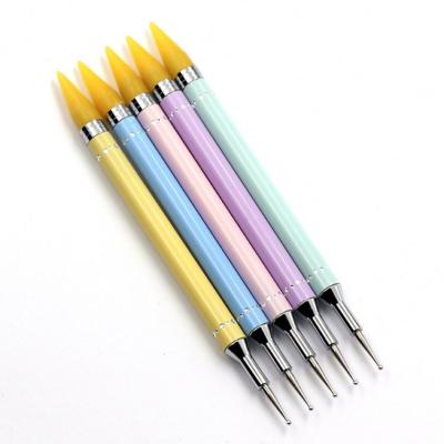 China Metal Handle Nail Polish Double Head Nail Polish Strainless Steel Head Dot Drill Pen Nail Crystal Dotting Brush for sale