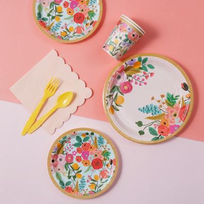 China Disposable Degradable Flower Series 8 Pieces Set 10 People Share Birthday Cake Plate Tableware/Cup/Fork/Spoon Set Picnic Paper Plate for sale