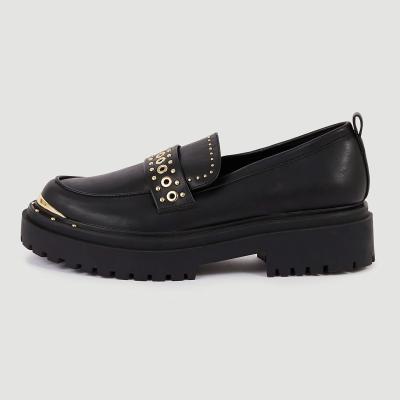 China Ladies Breathable Round Loafers Elegant Shoes Chunky Toe Platform Heels Gold Studded Black Leather Loafers for sale