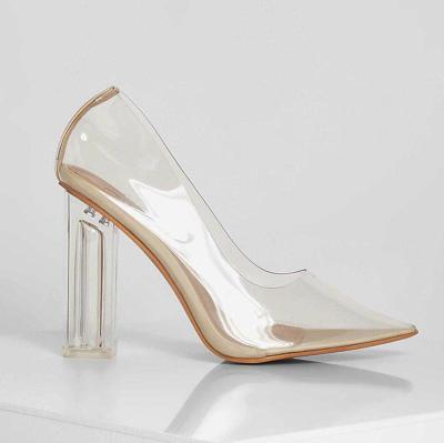 China Lady's Breathable Pointed Toe Square Heel Pumps Ladies Transparent High Heeled Pumps Fit Wide Clear Tpu Upper Court Heels Shoes for sale