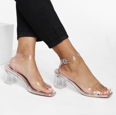 China Round Toe Low Heel Designer Lady Party Fashion Trend Clear Square Sandals Women Transparent Barely There High Heels Shoes for sale