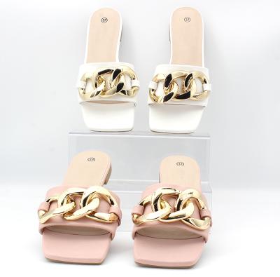 China Fashion Trend Women's Summer Slippers PU Slides Toe Flat Sandals Big Metal Open Chain Slippers Leather Shoes for sale