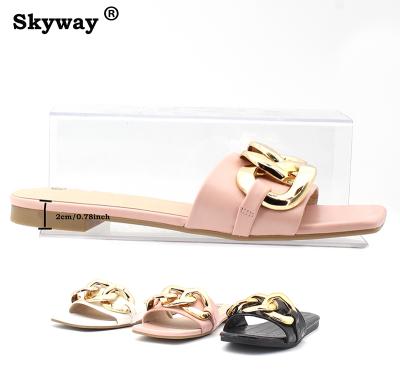 China 2021 fashion trend SKYWAY SQUARE TOE SLIPPER OPEN CASUAL OUTDOOR STYLE WITH METAL CHAIN ​​PLAIN for sale