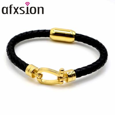 China AFXSION CLASSIC Brand Hot Selling Jewelry 18K Gold Leather Bangle Charm Bracelet Stainless Steel Bracelet Man for sale