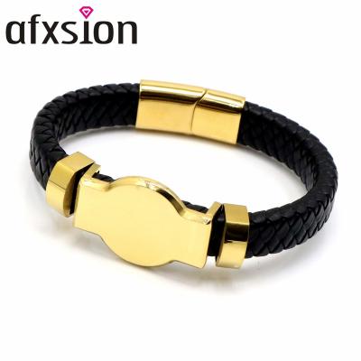 China AFXSION Amazon CLASSIC Hot Men's Jewelry Stainless Steel Charm Bracelet Customizable 18K Gold Business Leather Bangle Man for sale