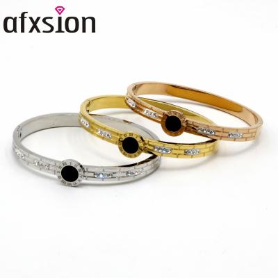 China AFXSION Stainless Steel Best Selling Jewelry With Roman Numerals Stainless Steel Bangle Bracelet Women Shell And Diamonds Bangle Bracelets for sale