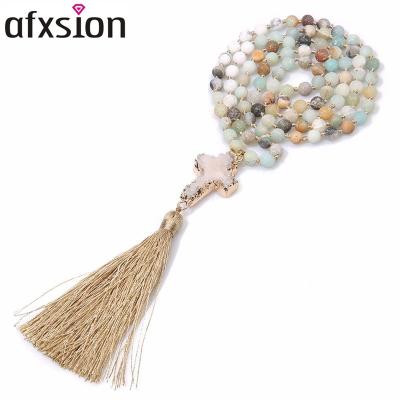 China AFXSION Natural Stone Beads Natural Stone Necklace, Amazon Rock& Powder Crystal&black Melted Rock Beads Tassel Cross Pendant Necklace for sale