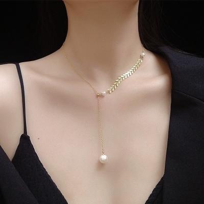 China AFXSION CLASSIC 2020 Japanese and Korean Statistical Institute Girls Jewelry 18K Gold Stainless Steel Necklace Y Chain Clavicle Pearl Bead Necklace for sale