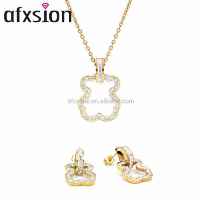 China Jewelry sets unique design of new bear stainless steel jewelry set pendant and earrings, inlaid white stone, most favorable rate for sale