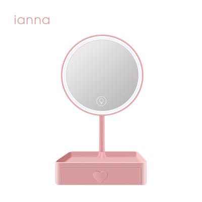 China Ianna lm02 HD Round Lighted Makeup Box with Smart Light Touch LED Mirror Adjustable Bedroom Beauty Desktop Mirror with Jewelry Box for sale