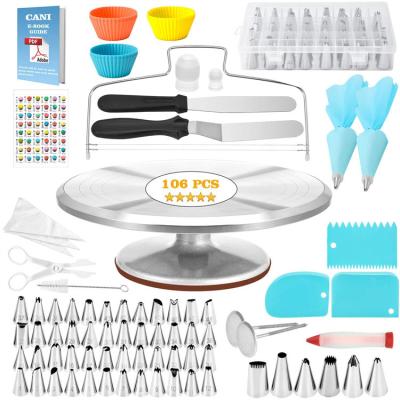 China 106 PCS Sustainable Cake Decorating Spout Set Cake Baking Tools with Aluminum Cake Turntable for sale