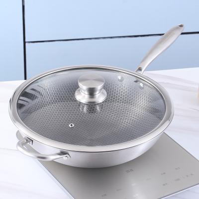 China High Quantity 32/34cm Non Sustainable Frying Pan Kitchen 410 Stainless Steel Stick Honeycomb Wok for sale