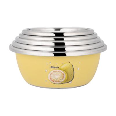 China Large Size Sustainable Stainless Steel Food Yellow Color Basin Mixing Bowls Set for sale