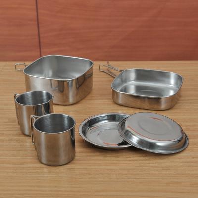 China Luxury Stainless Steel Camping 6pcs Cutlery Cooker Kitchen Utensil Mug Dish Set for sale