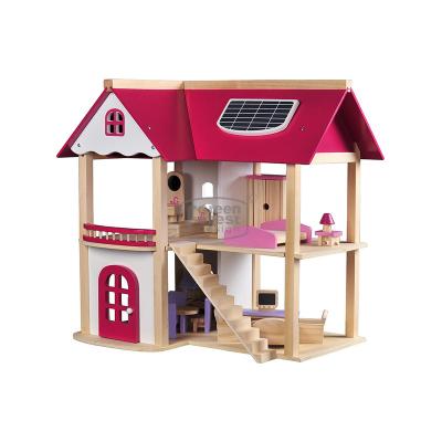 China Wood Pretend Play Set Wooden Toy Doll House With 19 Accessory Furniture For Kids for sale