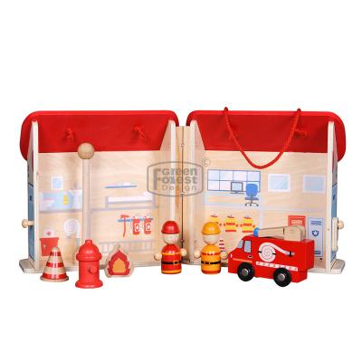 China Hotselling Plywood Children Role Play Game Stimulation Toy Pretend Toy For Kids Education With Fire Station Toy for sale