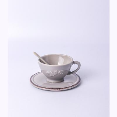 China Viable Factory Direct Afternoon Tea Embossed Coffee Tea 60ml Cup And Saucer With Spoon Set for sale