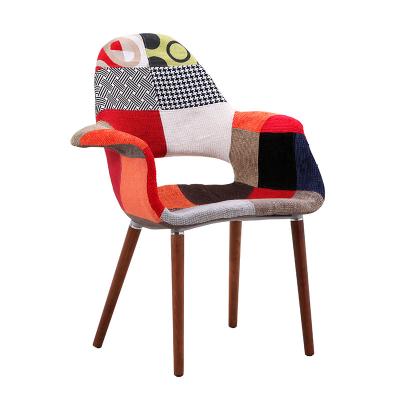 China New Design Armrest Modern Patchwork Fabric Modern Upholstered Fabric Dining Chair With Wooden Legs for sale