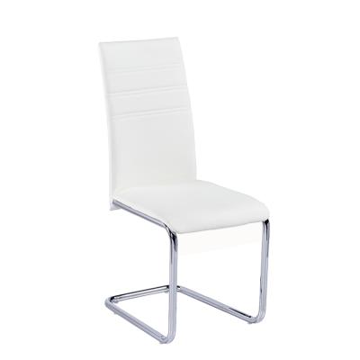 China Luxury Contemporary Modern Stackable White Leather Upholstered Metal Leg PU Metal Restaurant Dining Kitchen Dining Chair With Chromed Leg for sale