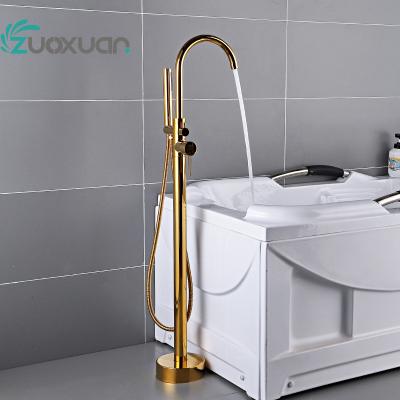 China Without Slide Bar Bathroom Brushed Gold Floor Mount Tub Faucet Free Standing Shower System Set for sale