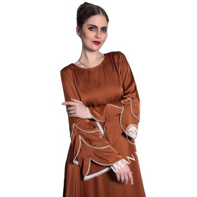 China Polyester Muslim baju baju kurung abaya matte dress fishtail three-layer sleeves bright pearl A-line dress multiple colors for sale