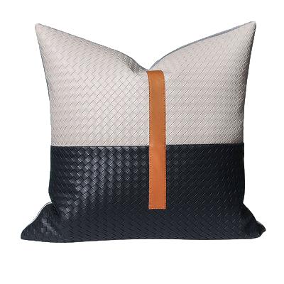 China Farmhouse Leather Patchwork Pillowcase Modern Faux Tan Canvas Decorative Striped Anti-Static Pillowcase Outlined Pillowcase for sale