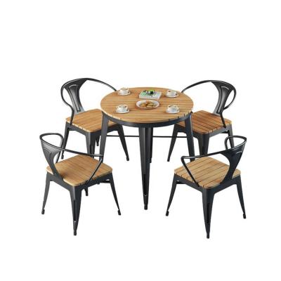 China Modern UV Resistant Hotel Used Furniture Cast Iron Cafe Square Outdoor Dining Table Set Plastic Wood Chair for sale