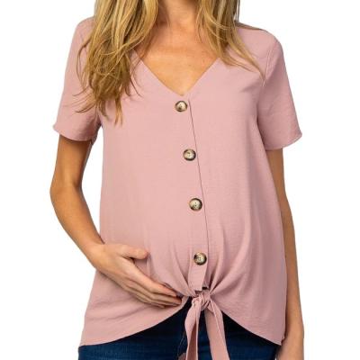 China 2022 New Wholesale High Quality Dark Purple Tie Radiation Protection Button Front Maternity Top Maternity Blouse for sale