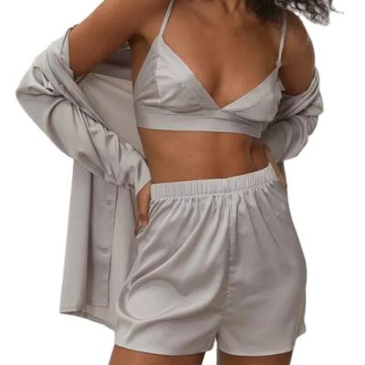 China New Wholesale High Quality QUICK DRY Little Shorts And 3pcs Satin Pajama Shirt Bralette Set Pajamas For Women for sale